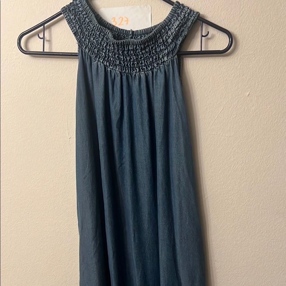 Blue Smocked Ruched Halter Sundress pit to pit 21”